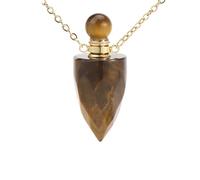 KIJSKKOPO Natural Stone Cone Perfume Faceted Bottle Necklace Gold Reiki Rose Quartz Chakras Essential Oil Diffuser Pendant Crystal Energy Gemstone Necklace Jewellery Gift Tiger Eye Stone