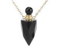 KIJSKKOPO Natural Stone Cone Perfume Faceted Bottle Necklace Gold Reiki Rose Quartz Chakras Essential Oil Diffuser Pendant Crystal Energy Gemstone Necklace Jewellery Gift Black Obsidian
