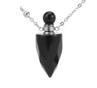 KIJSKKOPO Natural Stone Cone Perfume Faceted Bottle Necklace Silver Reiki Aventurine Chakras Essential Oil Diffuser Pendant Crystal Energy Gemstone Necklace Jewellery Gift Black Obsidian