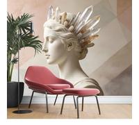 KIJSKKOPO Photo Wallpaper Silk Fabric Wall Mural 450X315cm, Antique Greek Marble Goddess Sculpture with Crystal Quartz Crown Geometric Backdrop Large Art Print Decor Covering for Living Room Silk FA