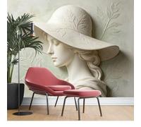 KIJSKKOPO Portrait Photo Wallpaper Silk Fabric Wall Mural 70X100cm, Lady with Wide Leaf Decor Hat Art Print Green Vintage Figure Covering for Living Room Bedroom Feature Wall Home Silk Fabric Wallpa