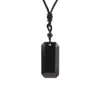 KIJSKKOPO Rectangular Natural Stone Pendant Necklace, Reiki Green Aventurine Square Faceted Energy Gemstone Adjustable Rope Braided Necklace Jewelry Gift for Women Men Black Obsidian