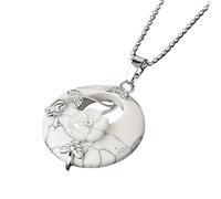 KIJSKKOPO Round Natural Stone Pendant Necklace, Silver Rose Floral Leaves Inlaid Hollow Circle Reiki Turquoise Lucky Coin Crystal Pendant Energy Gemstone Necklace Jewellery Gift Howlite