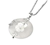 KIJSKKOPO Round Natural Stone Pendant Necklace, Silver Rose Floral Leaves Inlaid Hollow Circle Reiki Turquoise Lucky Coin Crystal Pendant Energy Gemstone Necklace Jewellery Gift White Crystal