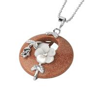 KIJSKKOPO Round Natural Stone Pendant Necklace, Silver Rose Floral Leaves Inlaid Hollow Circle Reiki Turquoise Lucky Coin Crystal Pendant Energy Gemstone Necklace Jewellery Gift Brown Sandstone