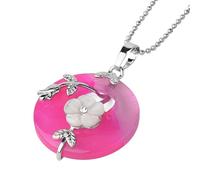KIJSKKOPO Round Natural Stone Pendant Necklace, Silver Rose Floral Leaves Inlaid Hollow Circle Reiki Turquoise Lucky Coin Crystal Pendant Energy Gemstone Necklace Jewellery Gift Rose Red Veins Agate