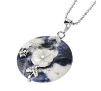 KIJSKKOPO Round Natural Stone Pendant Necklace, Silver Rose Floral Leaves Inlaid Hollow Circle Reiki Turquoise Lucky Coin Crystal Pendant Energy Gemstone Necklace Jewellery Gift Sodalite