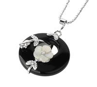 KIJSKKOPO Round Natural Stone Pendant Necklace, Silver Rose Floral Leaves Inlaid Hollow Circle Reiki Turquoise Lucky Coin Crystal Pendant Energy Gemstone Necklace Jewellery Gift Black Onyx