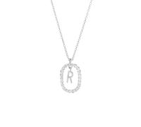 KIJSKKOPO S925 Sterling Silver Initials Necklace, 18K Gold Plated A-Z 26 Initial Letter Name Hollow Oval Zircon Clavicle Necklace Jewellery Gifts for Women Birthday Valentines Mothers Day Silver R