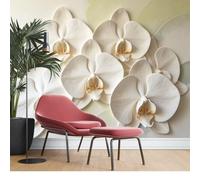 KIJSKKOPO Silk Fabric Wall Mural 105X150Cm, 3D Embossed Effect White Orchid Floral Photo Wallpaper, Custom Large Wall Art for Living Room Bedroom Feature Home Art Decor Silk Fabric Wallpaper 105X150