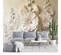 KIJSKKOPO Silk Fabric Wall Mural 175X250Cm, 3D Embossed Effect Hollyhock Floral Relief Photo Wallpaper, Custom Large Wall Art for Living Room Bedroom Feature Home Art Fine Decor Silk Fabric Wallpape