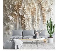 KIJSKKOPO Silk Fabric Wall Mural 280L X 400W Cm, 3D Embossed Cascading White Floral Wallpaper, Custom Large Wall Art for Living Room Bedroom Feature Home Art Decor Silk Fabric Wallpaper 280L X 400W