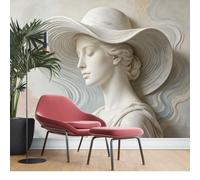 KIJSKKOPO Silk Fabric Wall Mural 280X400Cm, 3D Embossed Sculpture Lady with Wide Brim Hat,Classical Portrait Wall Art Classical Silk Photo Wallpaper for Living Room Bedroom Decor Wallp