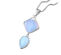KIJSKKOPO Square Water Drop Stone Necklace Silver, Inlaid Natural Reiki Turquoise Double Layer Energy Crystal Gemstone Pendant Jewelry Stylish Gift for Women Her Mom Opal