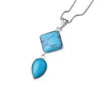 KIJSKKOPO Square Water Drop Stone Necklace Silver, Inlaid Natural Reiki Turquoise Double Layer Energy Crystal Gemstone Pendant Jewelry Stylish Gift for Women Her Mom Blue Turquoise