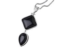 KIJSKKOPO Square Water Drop Stone Necklace Silver, Inlaid Natural Reiki Turquoise Double Layer Energy Crystal Gemstone Pendant Jewelry Stylish Gift for Women Her Mom Black Onyx