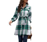 KIJSKKOPO Women Flannel Checked Long Shirt, Red Long Sleeve Button Down Tunic Belted Classic Plaid Cardigan Jacket Fall Winter Casual Loose Trench Coat Vintage Tartan Dress Green S