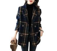 KIJSKKOPO Women Woolen Check Coat, Navy Blue Notched Lapel Double Breasted Tweed Blazer Jacket Winter Warm Long Sleeves Overcoat Elegant Business Work Pea Coat Navy Blue Xl