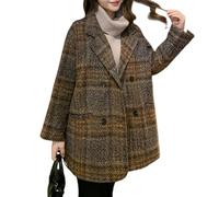KIJSKKOPO Women Woolen Check Jacket, Dark Green Double Breasted Notched Lapel Blazer Coat Winter Warm Long Sleeves Overcoat Vintage Grid Business Work Pea Coat with Pocket Brown Xl