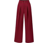 KIJSKKOPO Women's Black Work Pants with Pockets, Half Stretch High-Waist Front Button Zipper Crease Wide Leg Pants Casual Daily Outing Formal Office Straight-Leg Suit Pants Dark Red M