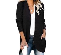 KIJSKKOPO Womens Cable Knit Long Sleeve Open Front Cardigan, Retro White Plain Knitted Sweater Jacket Coat with Pocket Spring Fall Casual Warm Jumper Outwear Tops Black L