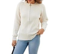 KIJSKKOPO Women's Cable Knit Zip Up Cardigan, Beige Solid Colour Crew Neck Long Sleeve Knitted Sweater Coat Fall Winter Warm Slim Stretch Knit Outwear Tops Sweatshirts Jacket Beige L