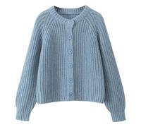 KIJSKKOPO Womens Cardigans Knitted Button Up Cardigan Chunky Cable Crew Neck, Grey Plain Long Sleeves Cropped Sweaters Knit Jacket Stylish Warm Short Coat Knitwear Top Blue S
