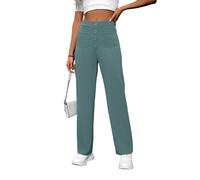 KIJSKKOPO Women's Casual Straight Leg Pants High Waisted Stretchy Trousers, Black Half Elastic Waist Front Button Pockets Wide Leg Pants Casual Daily Outing Party Work Slim Fit Trousers Green XL