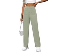 KIJSKKOPO Women's Casual Straight Leg Pants High Waisted Stretchy Trousers, Black Half Elastic Waist Front Button Pockets Wide Leg Pants Casual Daily Outing Party Work Slim Fit Trousers Light Green