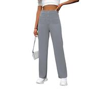 KIJSKKOPO Women's Casual Straight Leg Pants High Waisted Stretchy Trousers, Black Half Elastic Waist Front Button Pockets Wide Leg Pants Casual Daily Outing Party Work Slim Fit Trousers Grey L