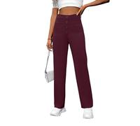KIJSKKOPO Women's Casual Straight Leg Pants High Waisted Stretchy Trousers, Black Half Elastic Waist Front Button Pockets Wide Leg Pants Casual Daily Outing Party Work Slim Fit Trousers Purple XL