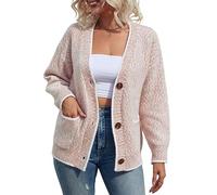 KIJSKKOPO Womens Chenille Cardigan Jacket, Light Grey Long Sleeve V-Neck Button Knitted Sweater Coat Fall Winter Casual Warm Knitwear Transition Outwear Short Top Pink M
