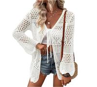KIJSKKOPO Women's Crochet Cardigans, White Long Sleeve Transparent Kimono Open Front Front Tie Crochet Knitted Lightweight Jacket Casual V Neck Hollow Knit Beach Cover Up Top White XXL