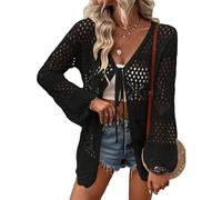 KIJSKKOPO Women's Crochet Cardigans, White Long Sleeve Transparent Kimono Open Front Front Tie Crochet Knitted Lightweight Jacket Casual V Neck Hollow Knit Beach Cover Up Top Black XXL