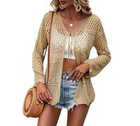 KIJSKKOPO Women's Crochet Cardigans, White Long Sleeve Transparent Kimono Open Front Front Tie Crochet Knitted Lightweight Jacket Casual V Neck Hollow Knit Beach Cover Up Top Khaki XXL