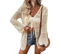 KIJSKKOPO Women's Crochet Cardigans, White Long Sleeve Transparent Kimono Open Front Front Tie Crochet Knitted Lightweight Jacket Casual V Neck Hollow Knit Beach Cover Up Top Beige XXL