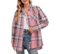 KIJSKKOPO Women's Flannel Checked Shirts Top Long Sleeves Button Down Plaid Shirt Blouses V Neck Long Shirts Jacket Loose Shacket Casual Office Work Tops T Shirts Lotus Pink M