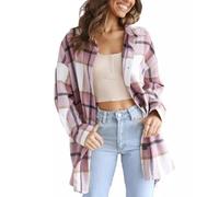 KIJSKKOPO Women's Flannel Checked Shirts Top Long Sleeves Button Down Plaid Shirt Blouses V Neck Long Shirts Jacket Oversize Shacket Casual Office Work Tops T Shirts Pink M