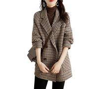 KIJSKKOPO Women'S Houndstooth Woolen Coat, Brown Notched Lapel Double Breasted Fleece Lined Blazer Jacket Winter Warm Overcoat Stylish Check Pea Coat with Pocket Brown L