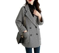 KIJSKKOPO Women'S Houndstooth Woolen Coat, Brown Notched Lapel Double Breasted Fleece Lined Blazer Jacket Winter Warm Overcoat Stylish Check Pea Coat with Pocket Black M