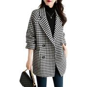 KIJSKKOPO Women'S Houndstooth Woolen Coat, Brown Notched Lapel Double Breasted Fleece Lined Blazer Jacket Winter Warm Overcoat Stylish Check Pea Coat with Pocket Black Fleece S