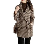 KIJSKKOPO Women'S Houndstooth Woolen Coat, Brown Notched Lapel Double Breasted Fleece Lined Blazer Jacket Winter Warm Overcoat Stylish Check Pea Coat with Pocket Brown Fleece Xs