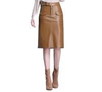 KIJSKKOPO Womens Leather Pencil Skirts, Tan High Waist Front Button Zipper Flap Pockets Midi Skirt Sexy Split Bodycon Party Office Elegant Pu Skirt Tan M