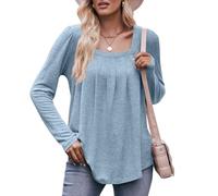 KIJSKKOPO Women's Long Sleeve Blouse, Black Square Collar Pleated Tunic Pullover Shirt Fall Winter Casual Stylish Fitted Transitional Tops Light Blue L