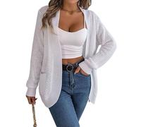 KIJSKKOPO Women's Long Sleeve Casual Cardigan Sweater, White Cable Knit Stripes Open Front Waterfall Cardigan Lightweight Jacket Coat Fall Casual Loose Knitted Transitional Outerwear White L