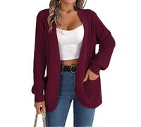 KIJSKKOPO Women's Long Sleeve Casual Cardigan Sweater, White Cable Knit Stripes Open Front Waterfall Cardigan Lightweight Jacket Coat Fall Casual Loose Knitted Transitional Outerwear Dark Red S