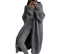 KIJSKKOPO Women's Long Sleeve Chunky Cable Knit Kimono Cardigan Open Front Sweater Maxi Transition Jacket Autumn Winter Casual Loose Knitted Knitwear Warm Coat with Pockets Dark Grey XL