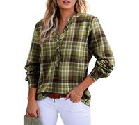 KIJSKKOPO Women's Long Sleeve Henry Collar Check Blouse, Green V-Neck Half Button Striped Plaid Tunic Pullover Shirt Fall Winter Stylish Slim Office Work Going Out Retro Tops Green L