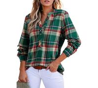 KIJSKKOPO Women's Long Sleeve Henry Collar Check Blouse, Green V-Neck Half Button Striped Plaid Tunic Pullover Shirt Fall Winter Stylish Slim Office Work Going Out Retro Tops Dark Green S