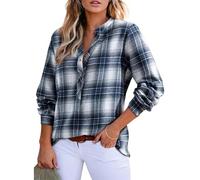 KIJSKKOPO Women's Long Sleeve Henry Collar Check Blouse, Green V-Neck Half Button Striped Plaid Tunic Pullover Shirt Fall Winter Stylish Slim Office Work Going Out Retro Tops Dark Blue S